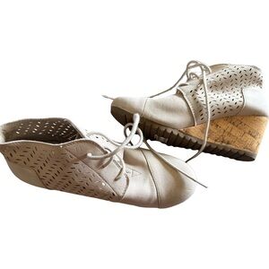 BOBS from Skechers Lace-Up Perforated Wedge Booties in Beige
